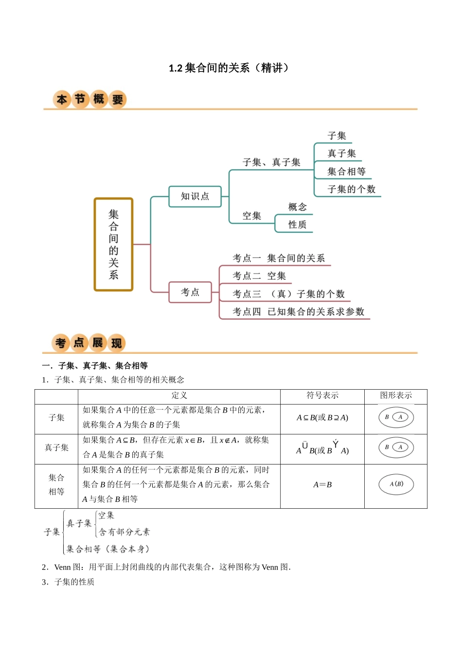 2024年人教版高中数学精讲精练必修一-1.2集合间的关系（精讲）（原卷版）.docx_第1页