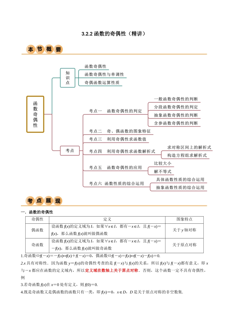 2024年人教版高中数学精讲精练必修一-3.2.2函数的奇偶性（精讲）（原卷版）.docx_第1页