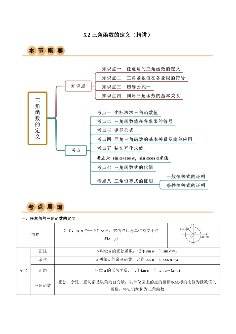 2024年人教版高中数学精讲精练必修一-5.2三角函数的定义（精讲）（原卷版）.docx_第1页