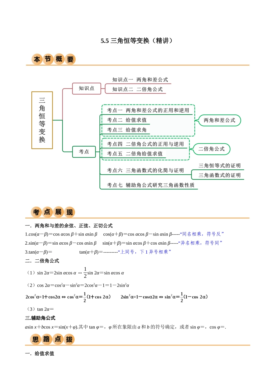 2024年人教版高中数学精讲精练必修一-5.5三角恒等变换（精讲）（原卷版）.docx_第1页