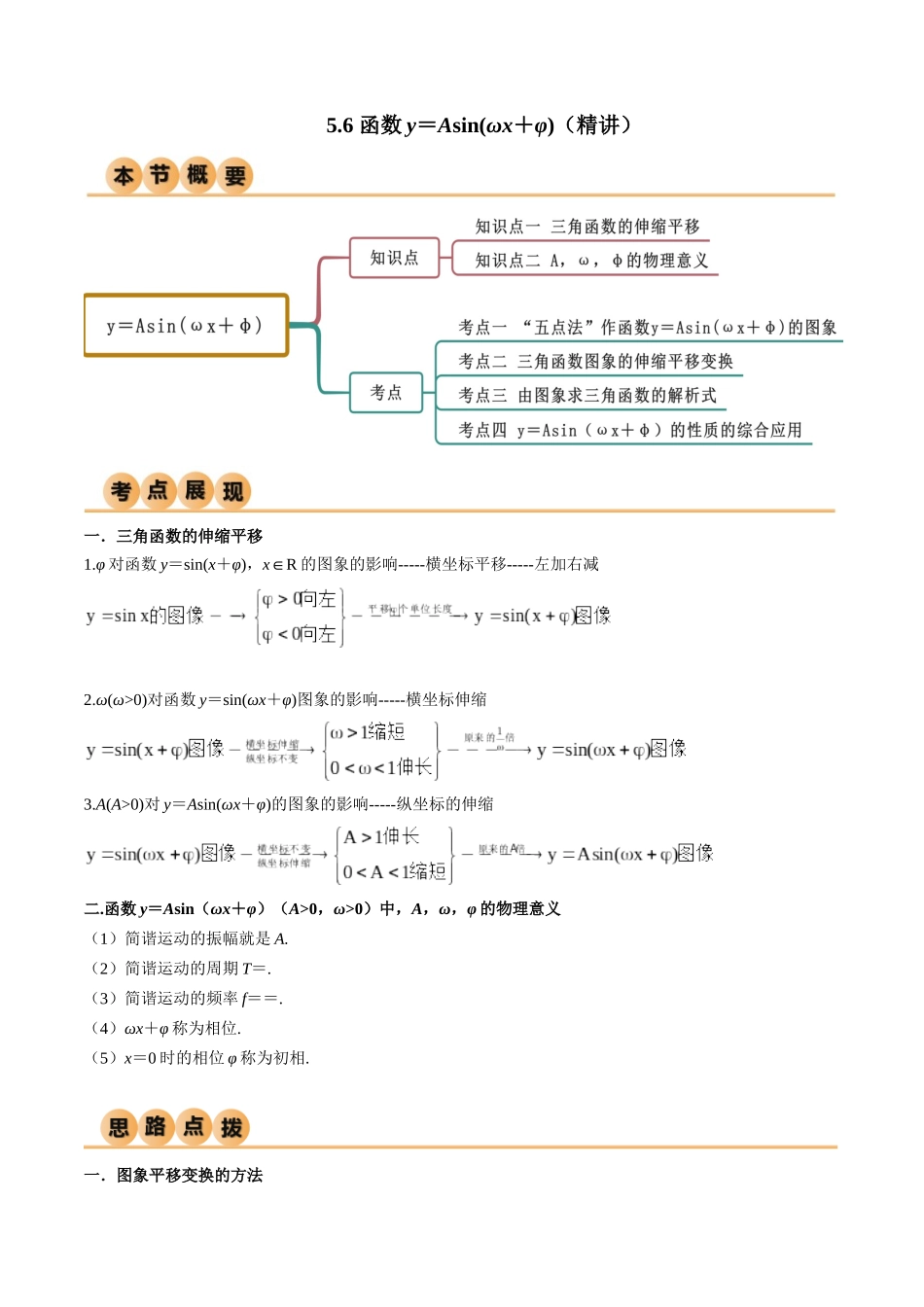 2024年人教版高中数学精讲精练必修一-5.6函数y=Asin(ωx+φ)（精讲）（解析版）.docx_第1页