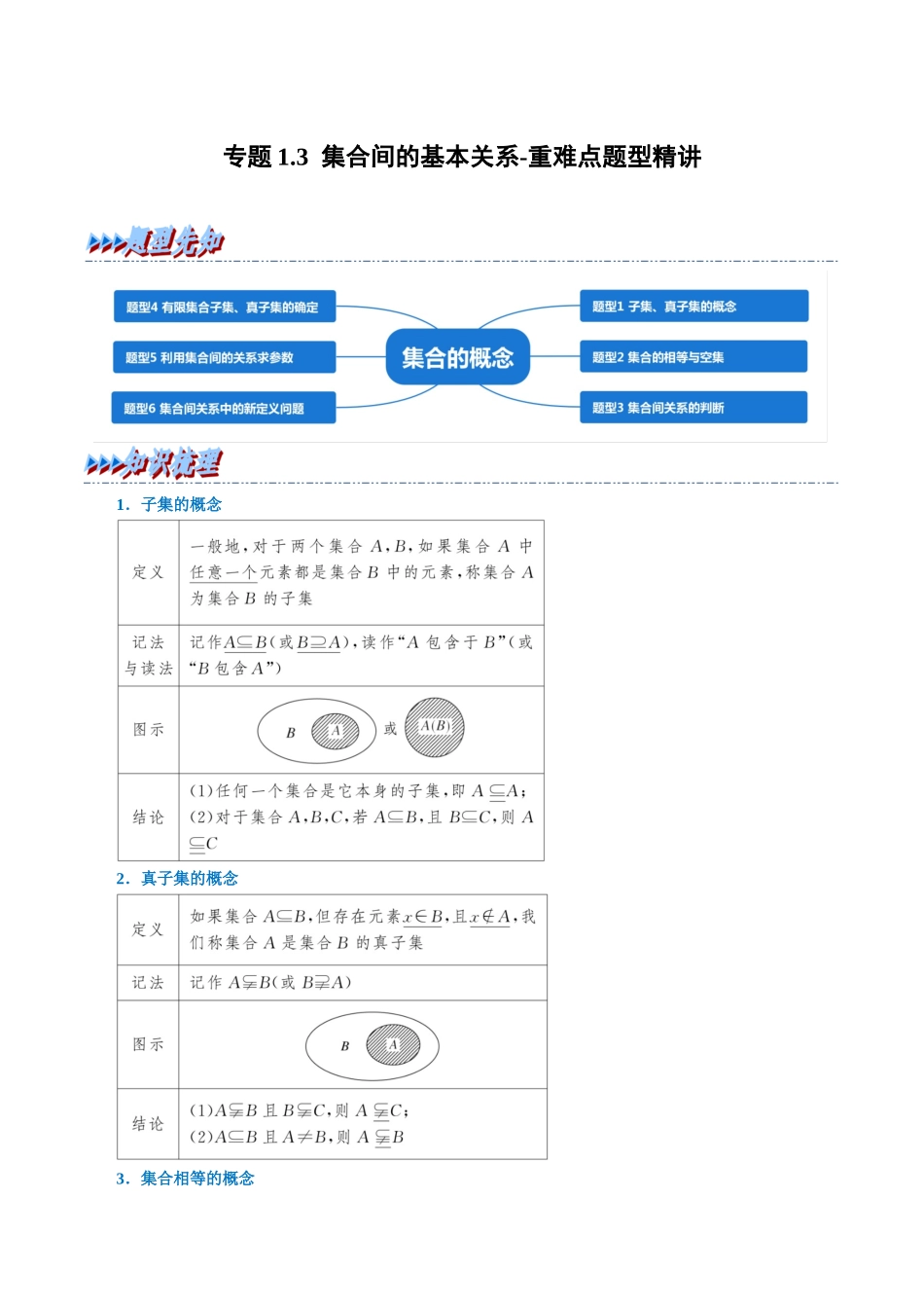 2025举一反三系列高中数学同步复习人教A版必修1-专题1.3集合间的基本关系-重难点题型精讲（教师版）.docx_第1页