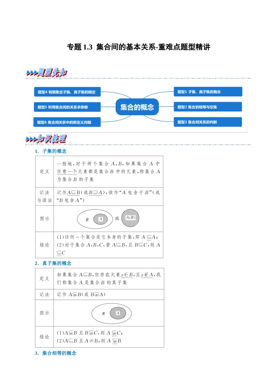 2025举一反三系列高中数学同步复习人教A版必修1-专题1.3集合间的基本关系-重难点题型精讲（学生版）.docx_第1页