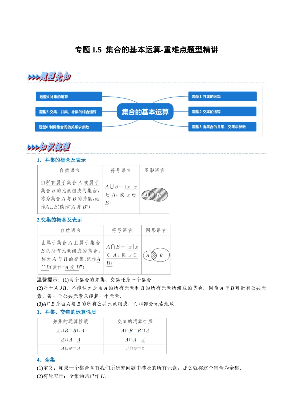 2025举一反三系列高中数学同步复习人教A版必修1-专题1.5集合的基本运算-重难点题型精讲（学生版）.docx_第1页