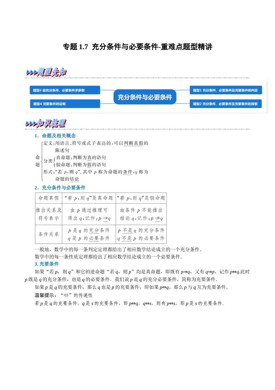 2025举一反三系列高中数学同步复习人教A版必修1-专题1.7充分条件与必要条件-重难点题型精讲（教师版）.docx_第1页