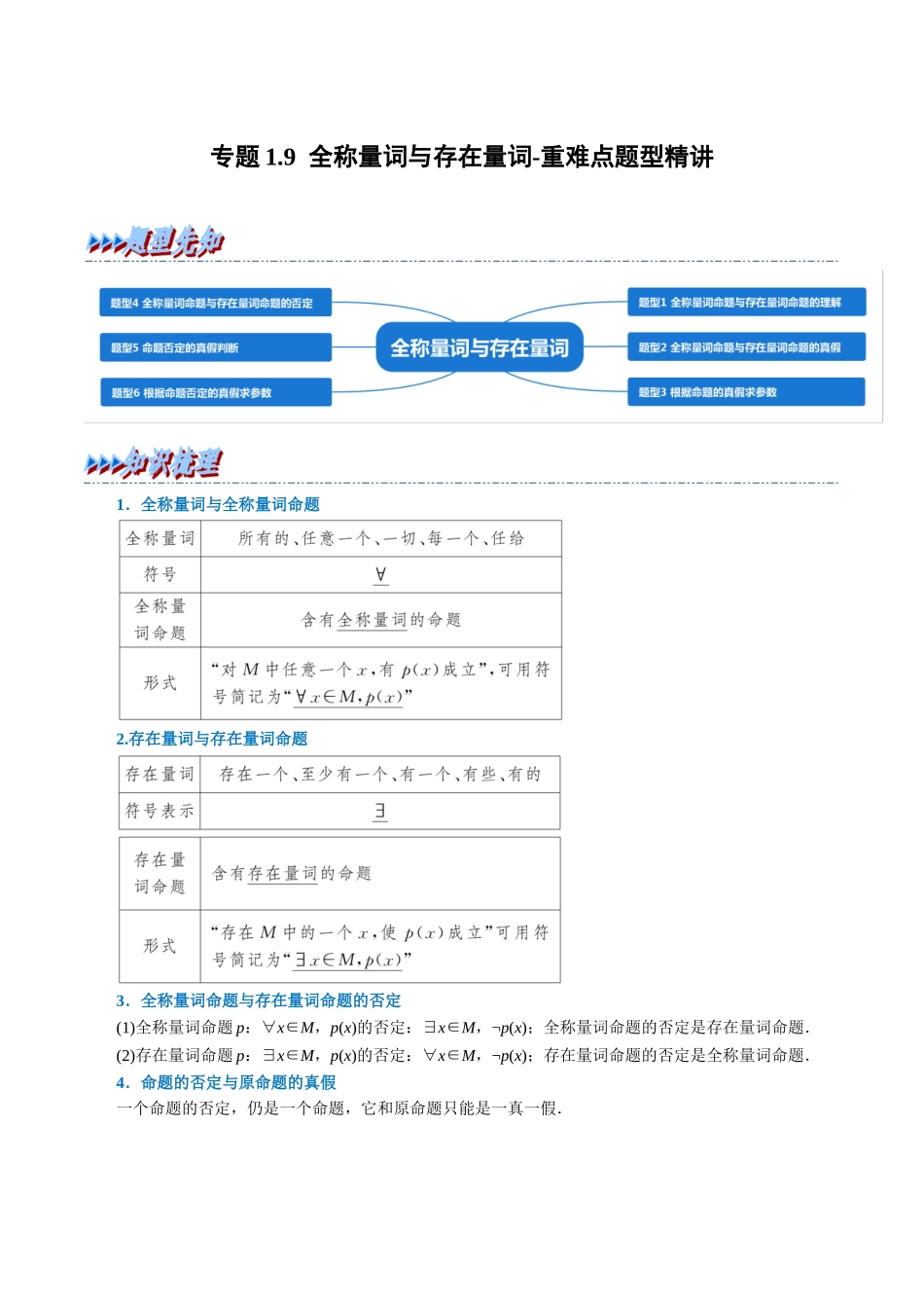 2025举一反三系列高中数学同步复习人教A版必修1-专题1.9全称量词与存在量词-重难点题型精讲（教师版）.docx_第1页