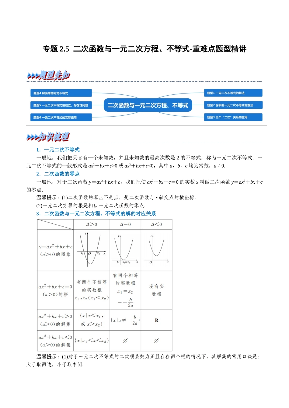 2025举一反三系列高中数学同步复习人教A版必修1-专题2.5二次函数与一元二次方程、不等式-重难点题型精讲（学生版）.docx_第1页