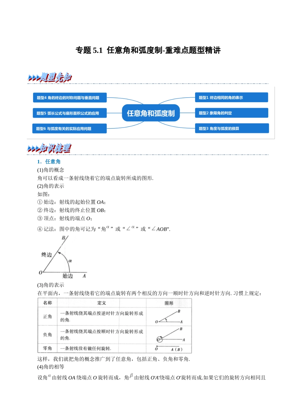 2025举一反三系列高中数学同步复习人教A版必修1-专题5.1任意角和弧度制-重难点题型精讲（学生版）.docx_第1页