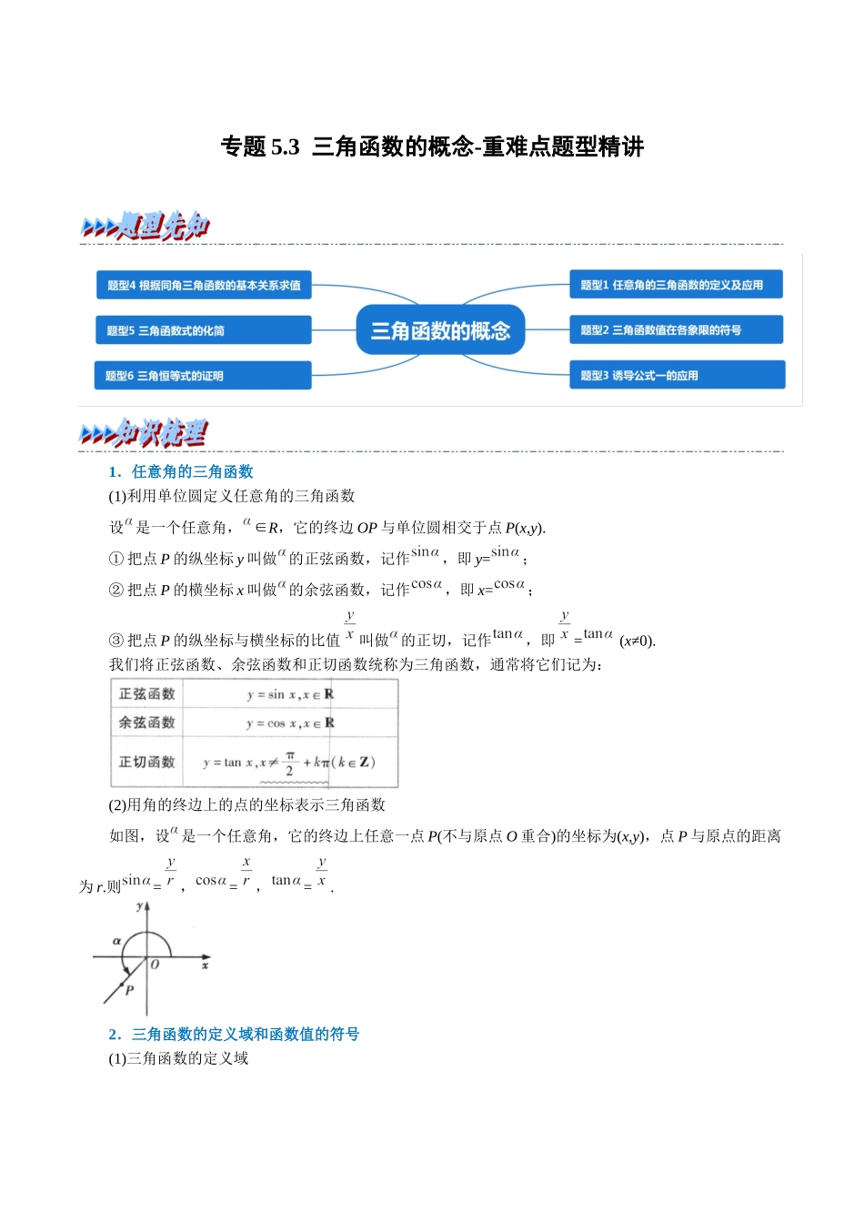 2025举一反三系列高中数学同步复习人教A版必修1-专题5.3三角函数的概念-重难点题型精讲（学生版）.docx_第1页
