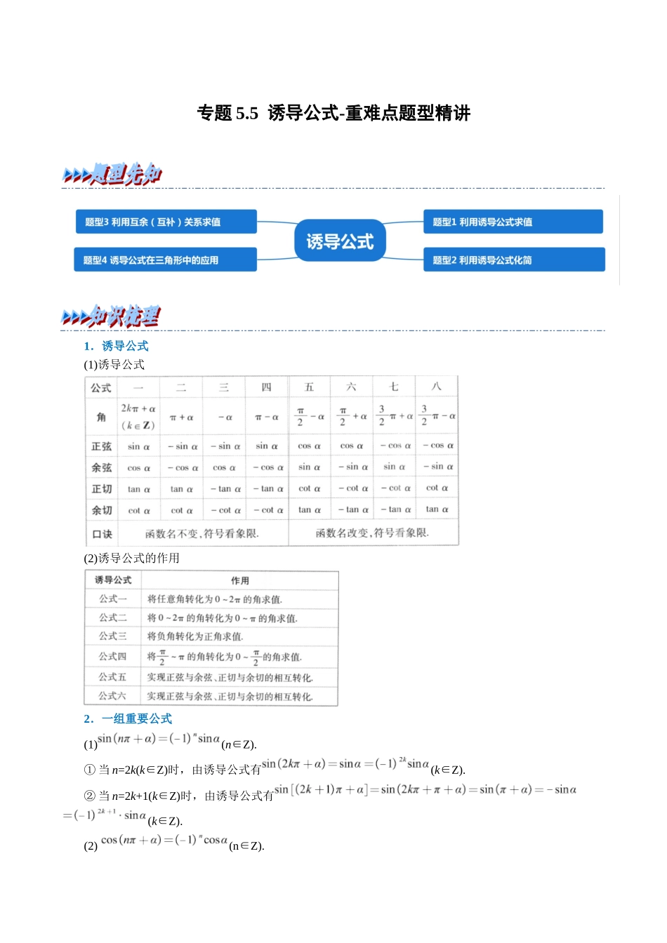 2025举一反三系列高中数学同步复习人教A版必修1-专题5.5诱导公式-重难点题型精讲（教师版）.docx_第1页