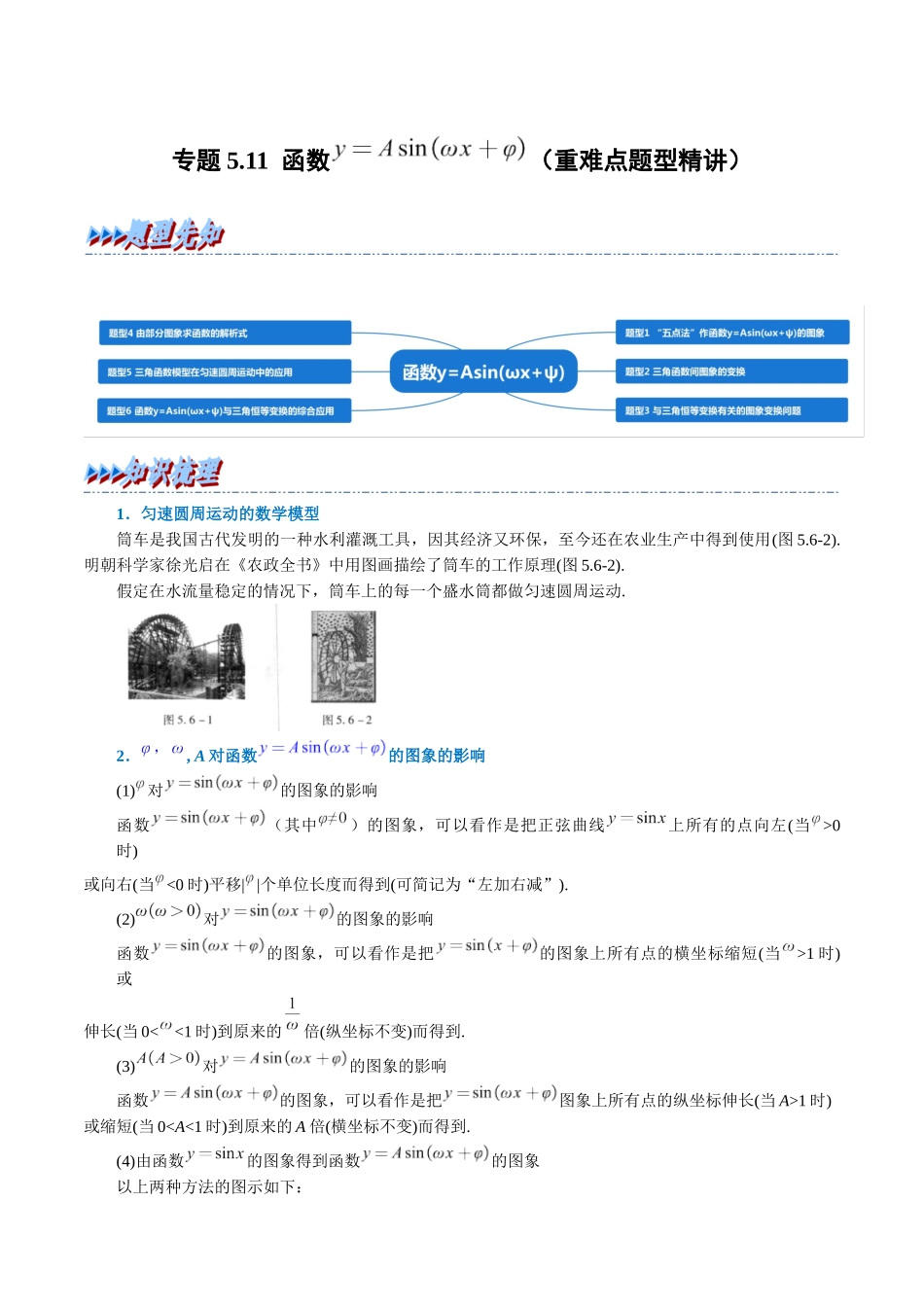 2025举一反三系列高中数学同步复习人教A版必修1-专题5.11函数y=Asin(ωx+φ)（重难点题型精讲）（教师版）.docx_第1页