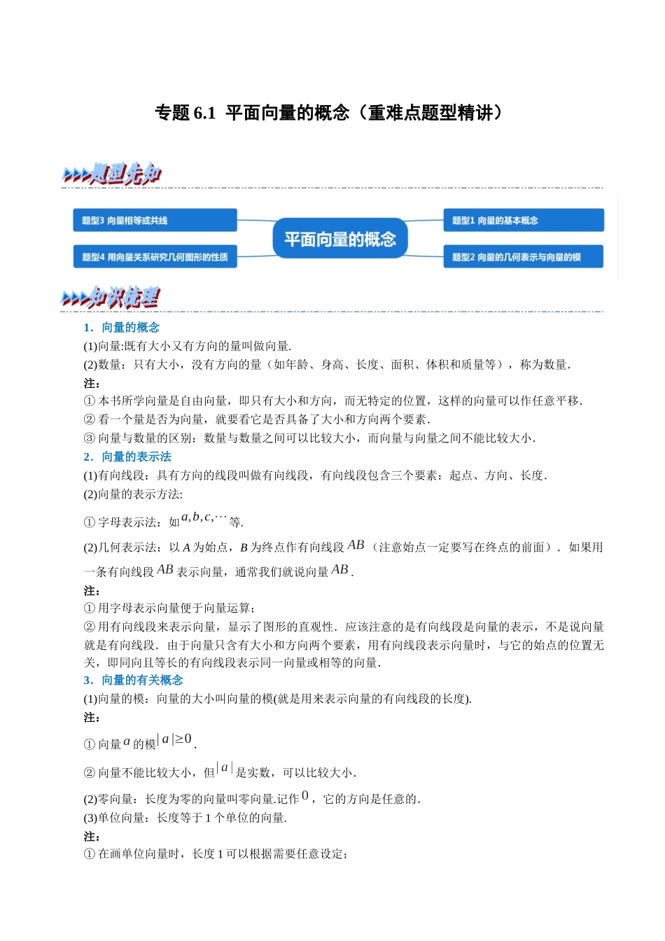 2025举一反三系列高中数学同步复习人教A版必修2-专题6.1平面向量的概念（重难点题型精讲）（教师版）.docx_第1页