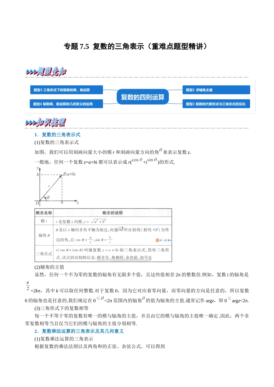 2025举一反三系列高中数学同步复习人教A版必修2-专题7.5复数的三角表示（重难点题型精讲）（学生版）.docx_第1页