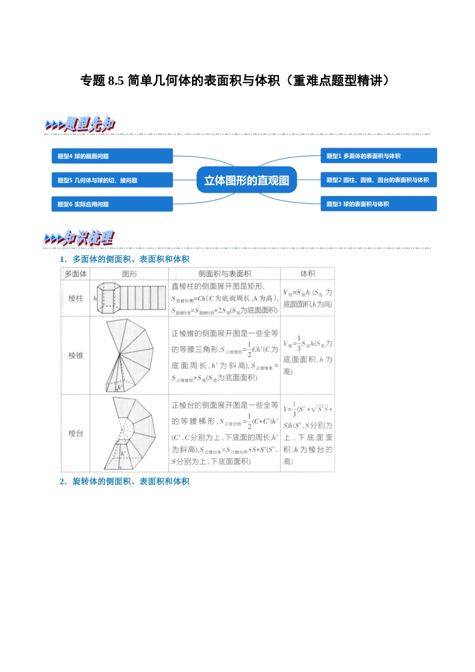 2025举一反三系列高中数学同步复习人教A版必修2-专题8.5简单几何体的表面积与体积（重难点题型精讲）（学生版）.docx_第1页