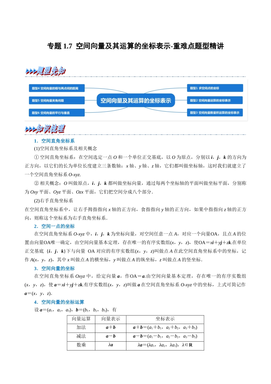 2025举一反三系列高中数学同步复习人教A版选择性必修1-专题1.7空间向量及其运算的坐标表示-重难点题型精讲（教师版）.docx_第1页