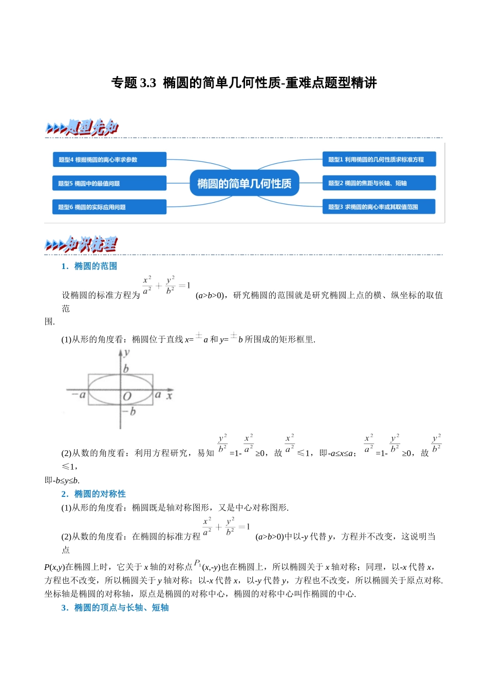 2025举一反三系列高中数学同步复习人教A版选择性必修1-专题3.3椭圆的简单几何性质-重难点题型精讲（教师版）.docx_第1页