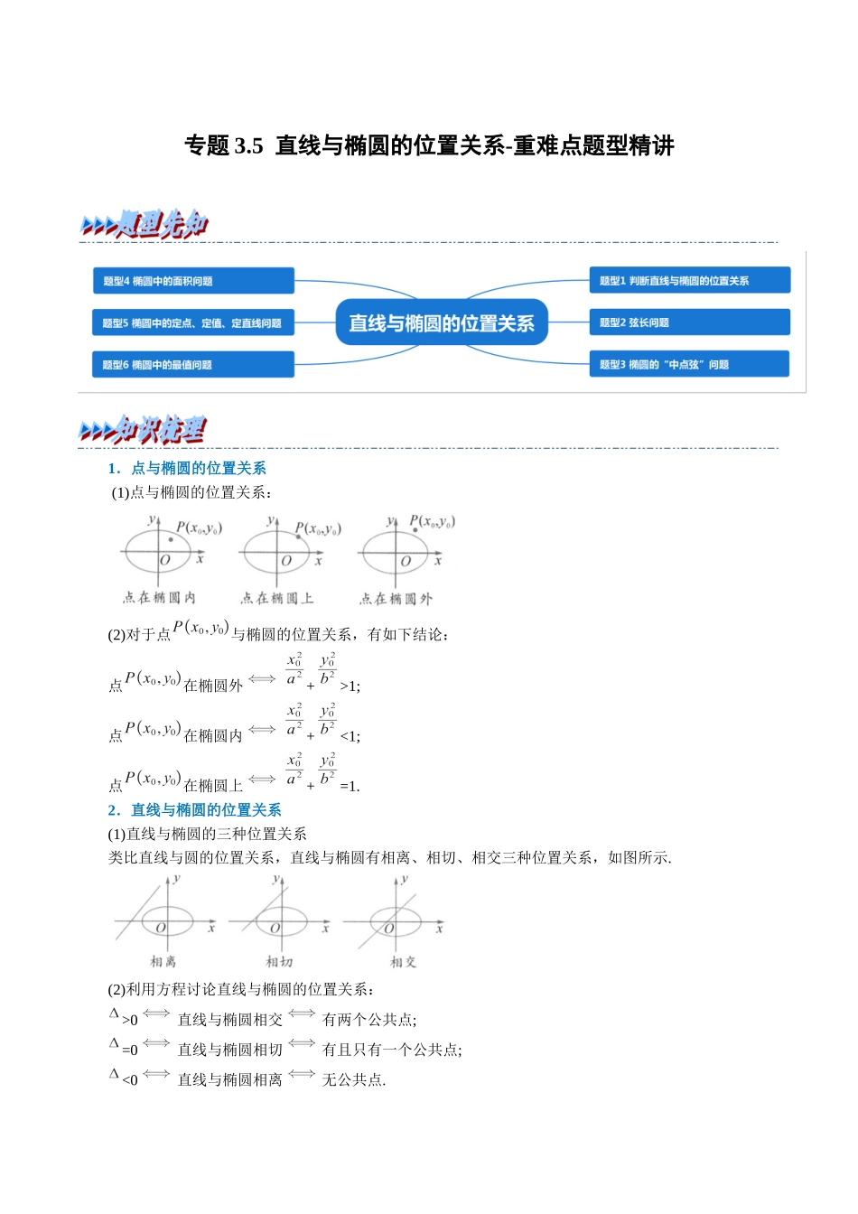 2025举一反三系列高中数学同步复习人教A版选择性必修1-专题3.5直线与椭圆的位置关系-重难点题型精讲（学生版）.docx_第1页