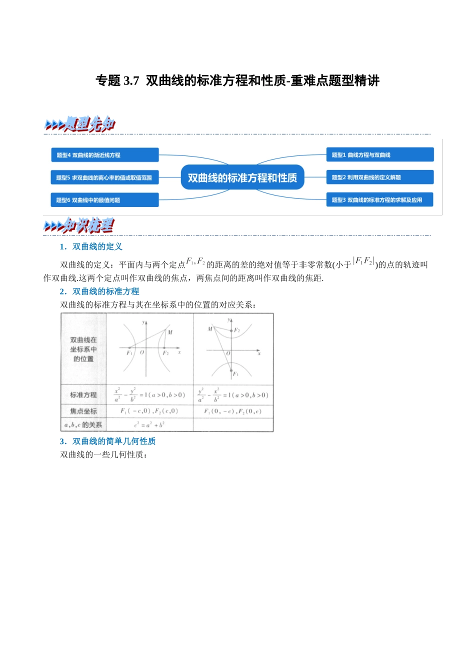 2025举一反三系列高中数学同步复习人教A版选择性必修1-专题3.7双曲线的标准方程和性质-重难点题型精讲（学生版）.docx_第1页