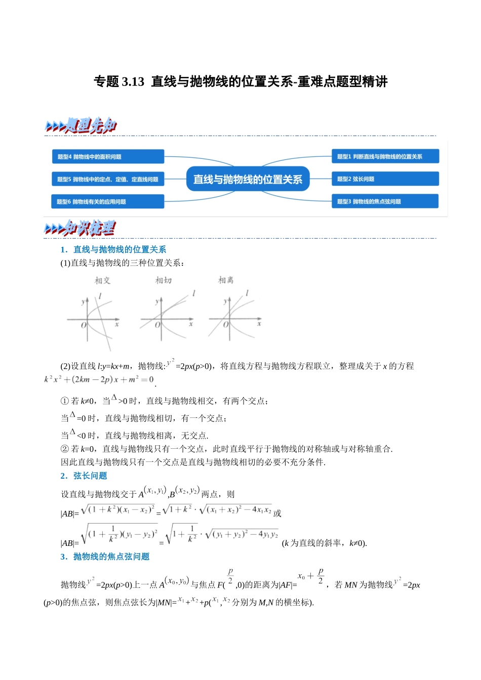 2025举一反三系列高中数学同步复习人教A版选择性必修1-专题3.13直线与抛物线的位置关系-重难点题型精讲（教师版）.docx_第1页