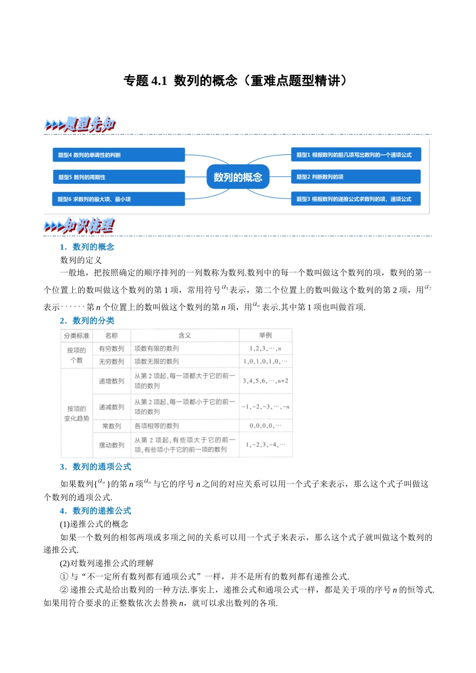 2025举一反三系列高中数学同步复习人教A版选择性必修2-专题4.1数列的概念（重难点题型精讲）（教师版）.docx_第1页