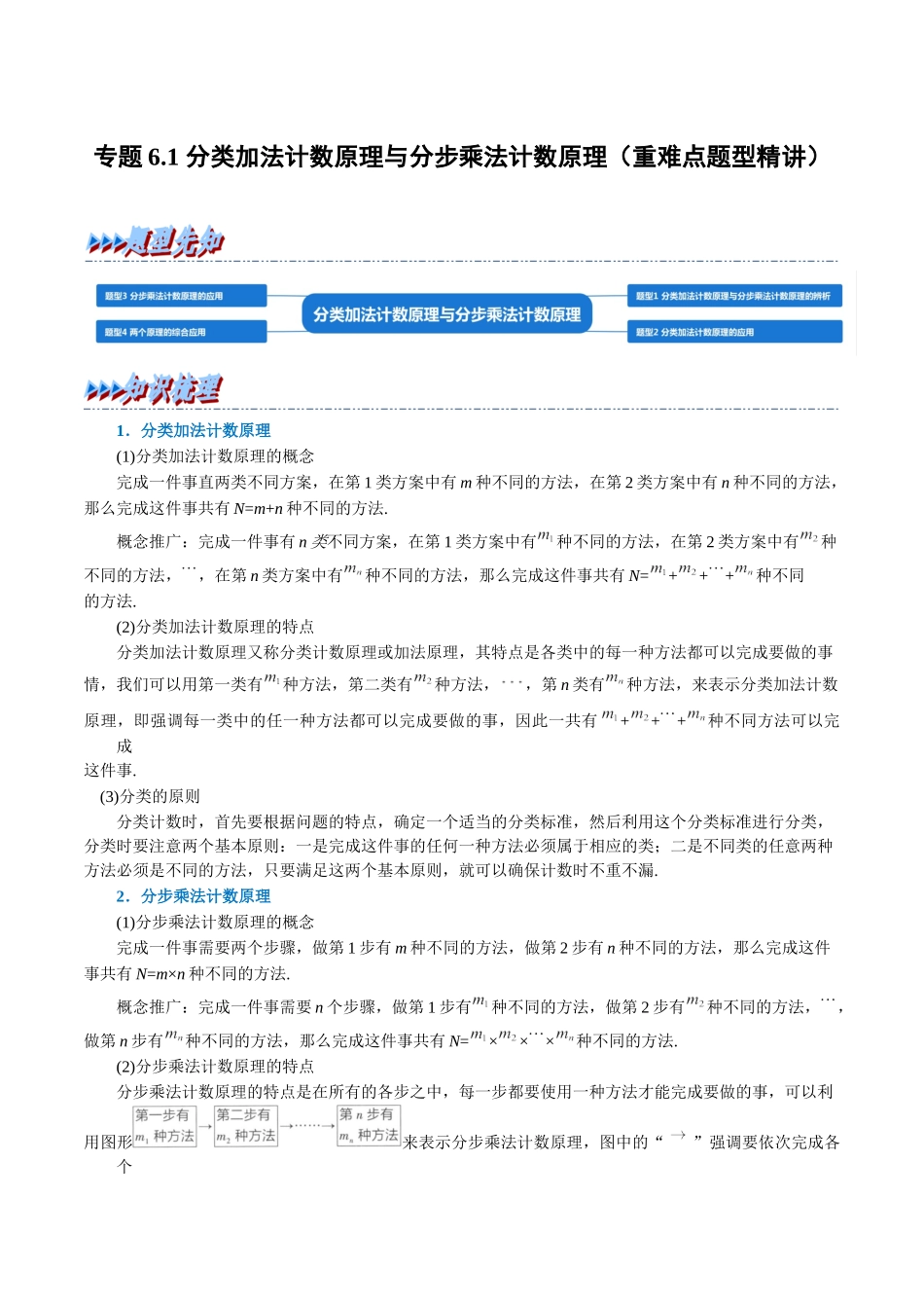 2025举一反三系列高中数学同步复习人教A版选择性必修3-专题6.1分类加法计数原理与分步乘法计数原理（重难点题型精讲）（教师版）.docx_第1页