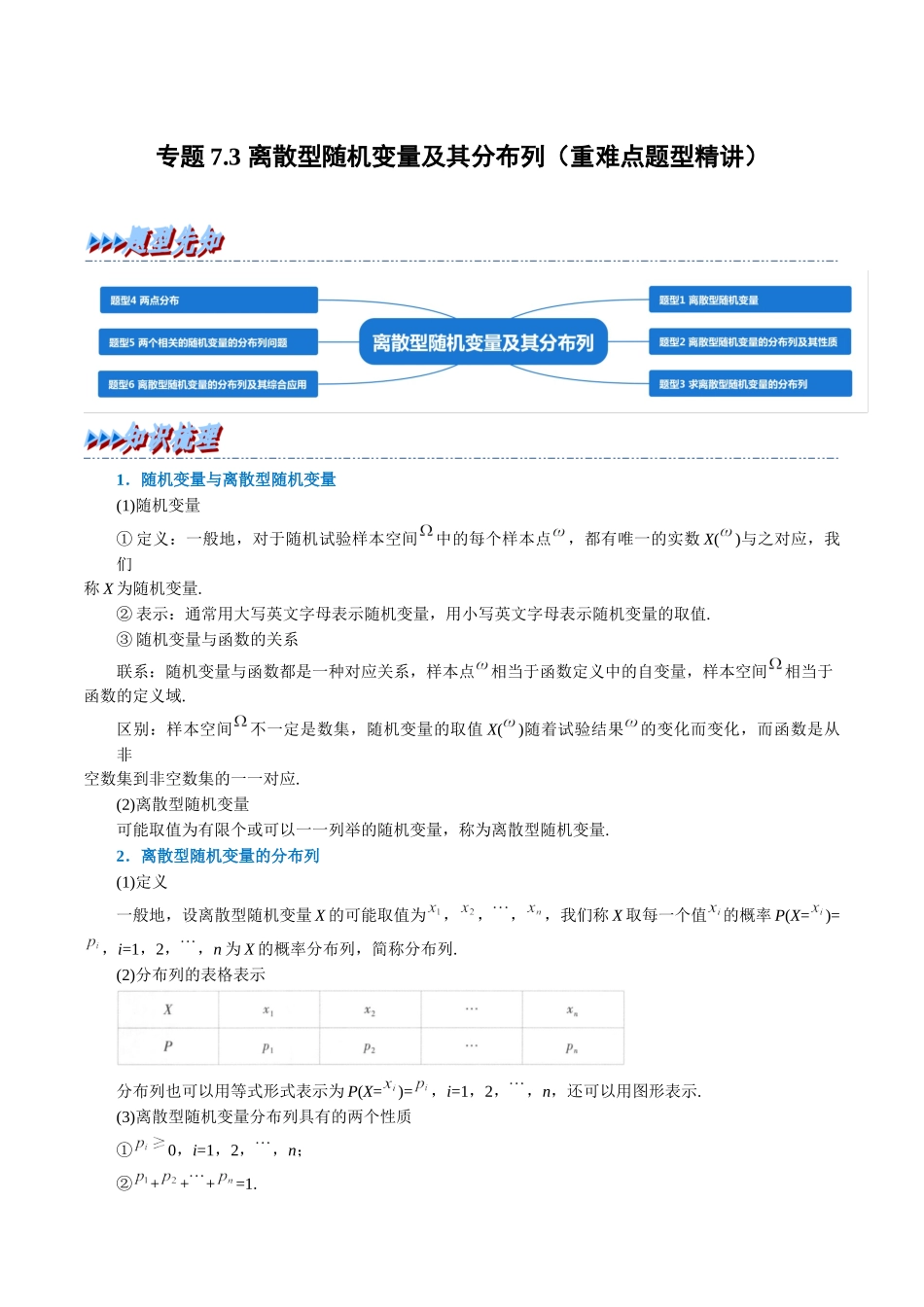 2025举一反三系列高中数学同步复习人教A版选择性必修3-专题7.3离散型随机变量及其分布列（重难点题型精讲）（学生版）.docx_第1页