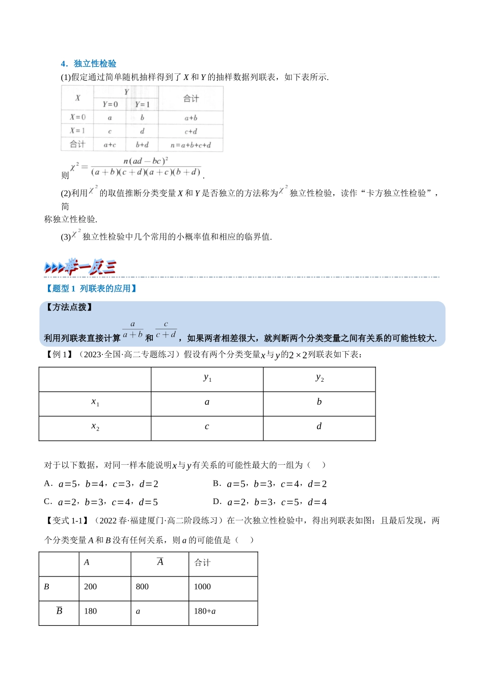 2025举一反三系列高中数学同步复习人教A版选择性必修3-专题8.5列联表与独立性检验（重难点题型精讲）（学生版）.docx_第2页