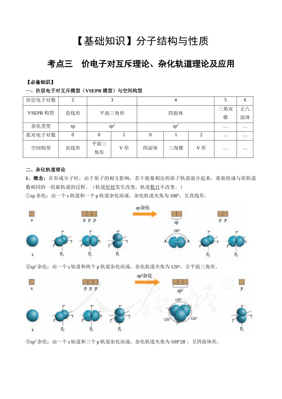 2025年高考化学一轮复习考点专项集训-02考点三价电子对互斥理论、杂化轨道理论及应用（教师版）.docx_第1页