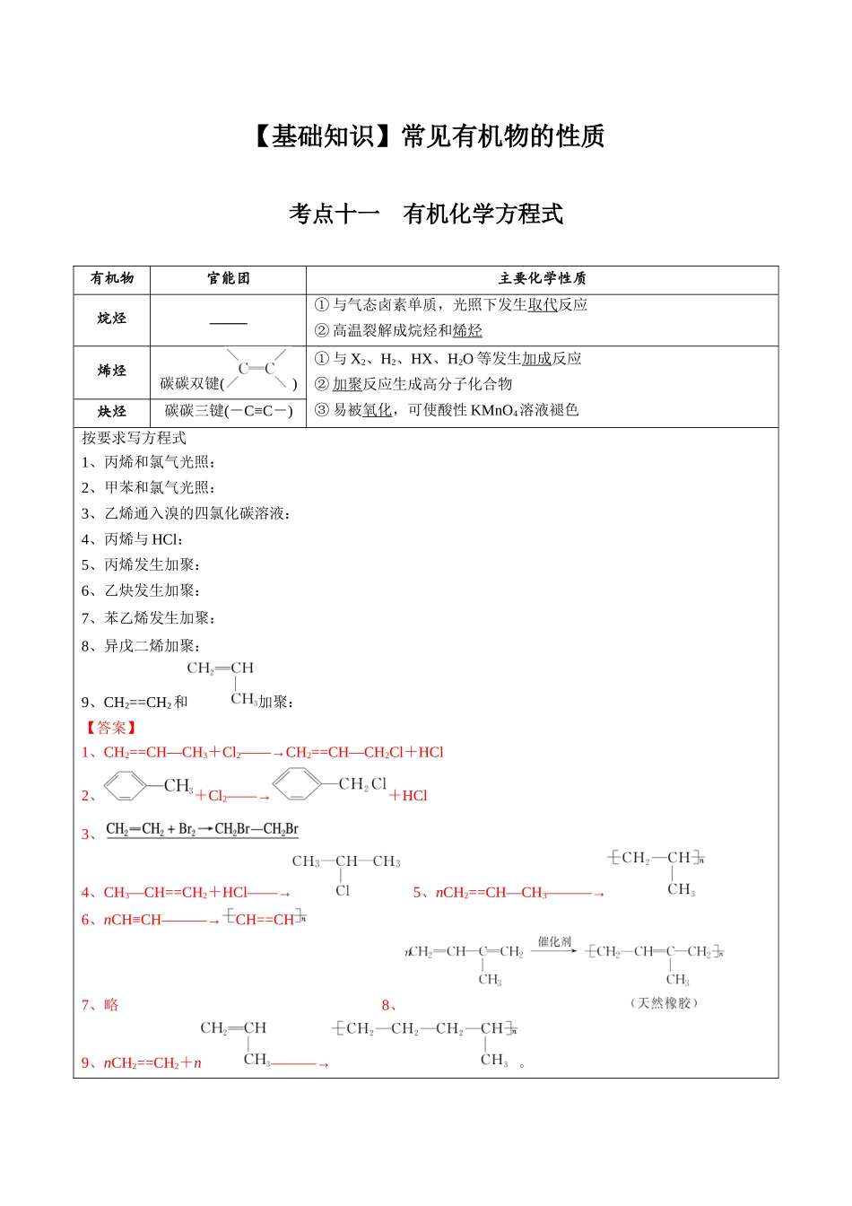 2025年高考化学一轮复习考点专项集训-02考点十一有机反应方式式基础训练（解析版）.docx_第1页