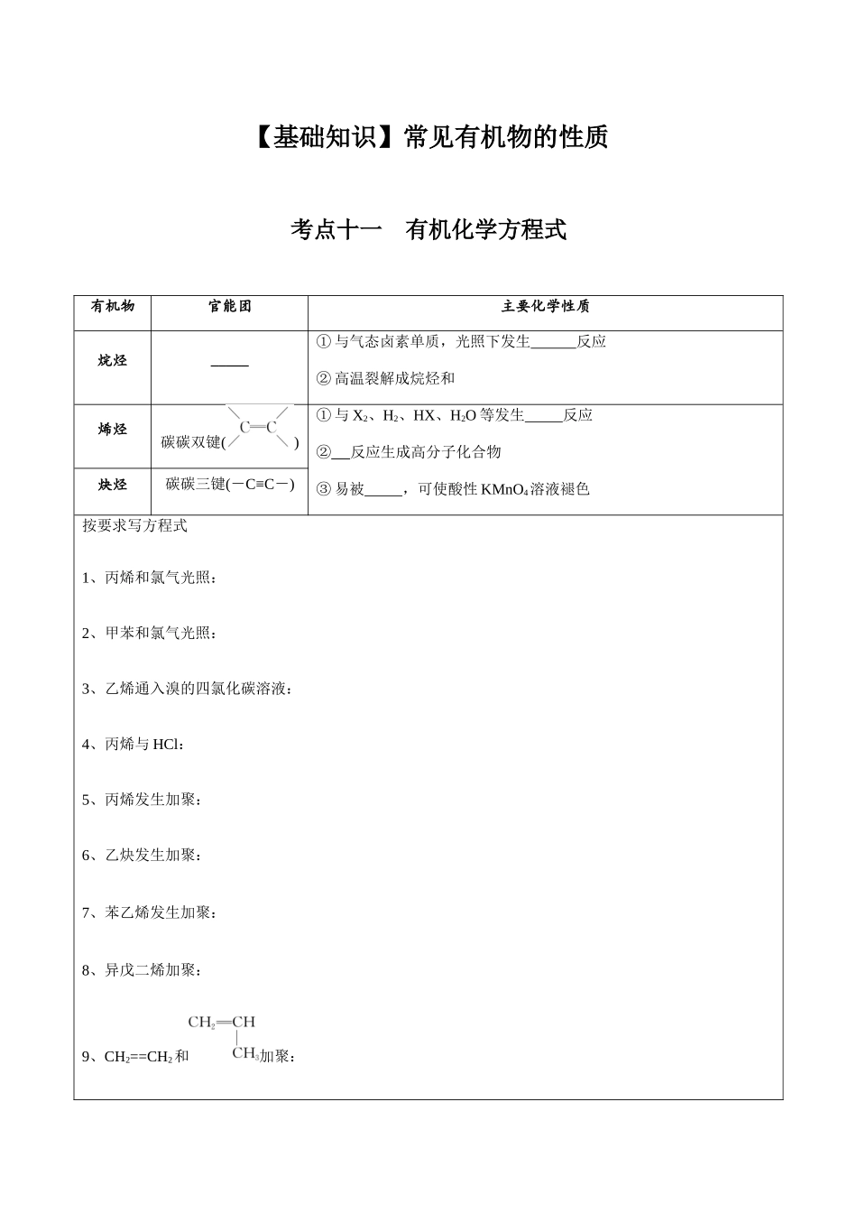 2025年高考化学一轮复习考点专项集训-02考点十一有机反应方式式基础训练（学生版）.docx_第1页