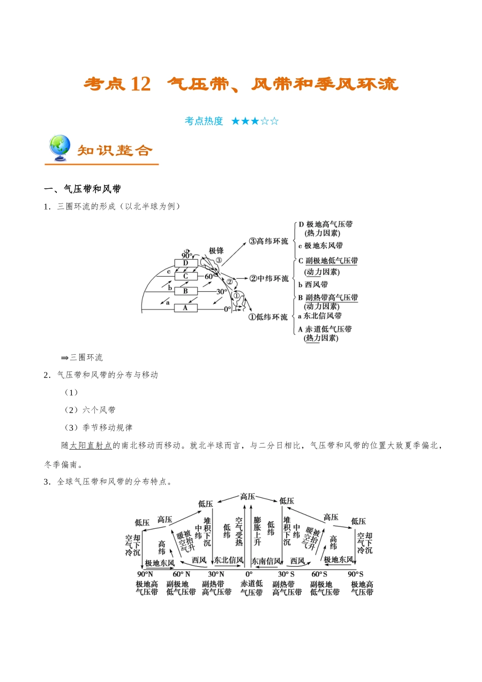 2025年考点一遍过高考地理-考点12气压带、风带和季风环流.doc_第1页