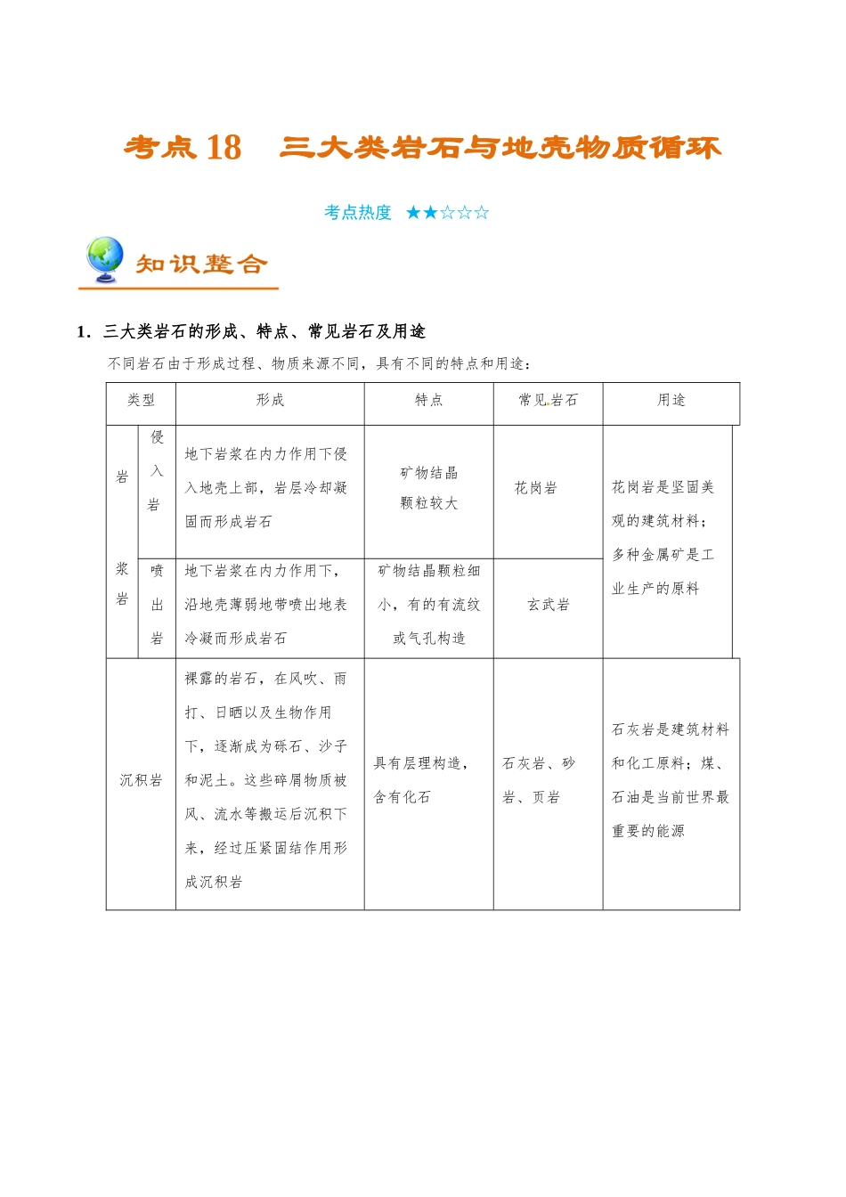 2025年考点一遍过高考地理-考点18三大类岩石与地壳物质循环.doc_第1页