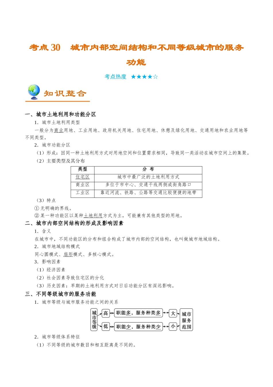 2025年考点一遍过高考地理-考点30城市内部空间结构和不同等级城市的服务功能.doc_第1页