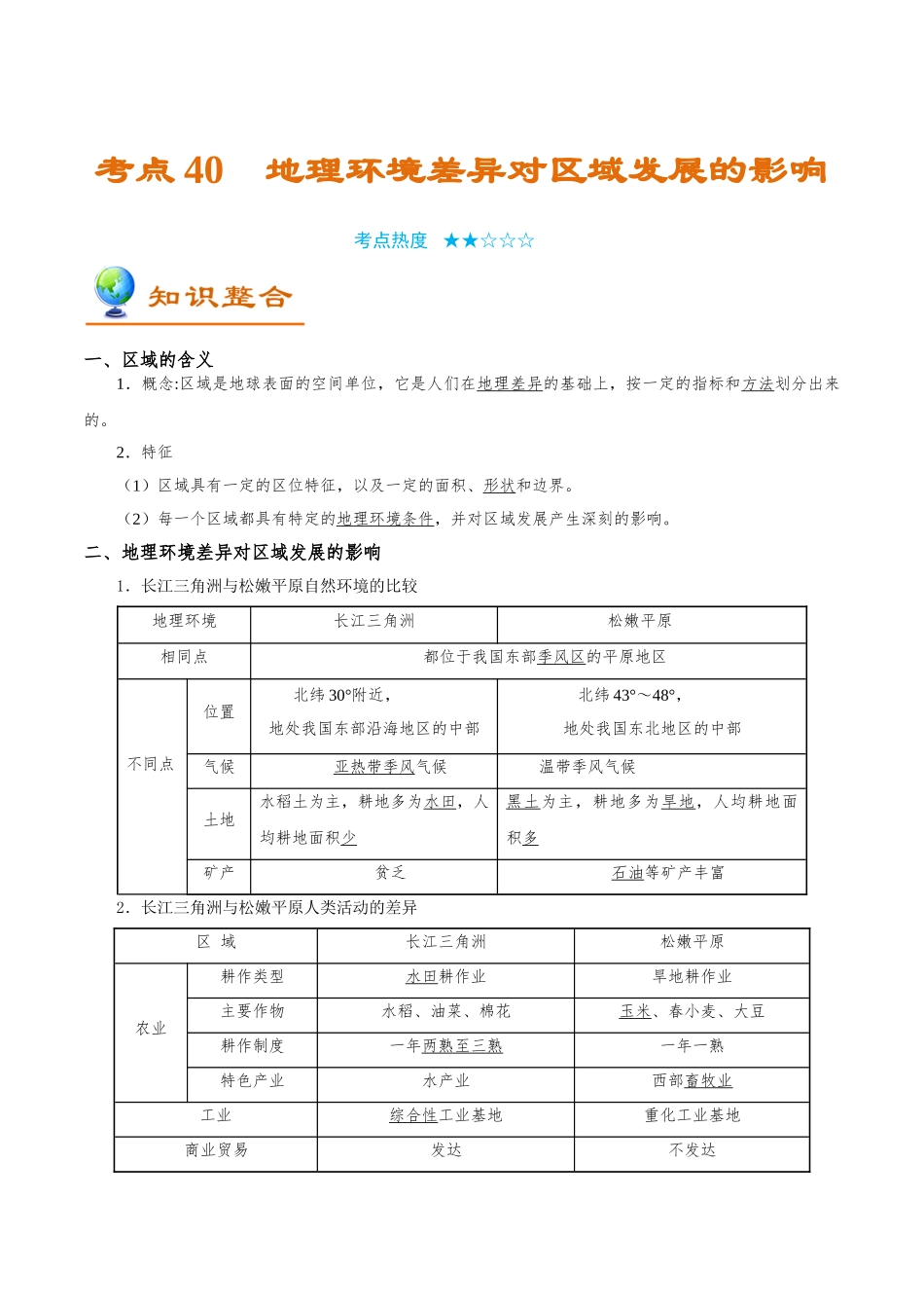 2025年考点一遍过高考地理-考点40地理环境差异对区域发展的影响.doc_第1页