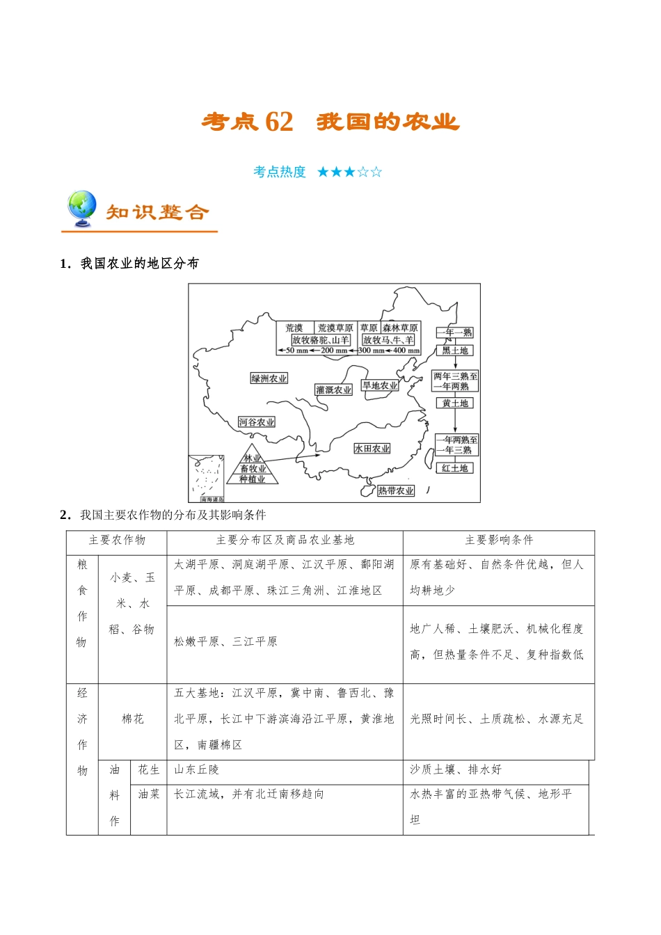 2025年考点一遍过高考地理-考点62我国的农业.doc_第1页