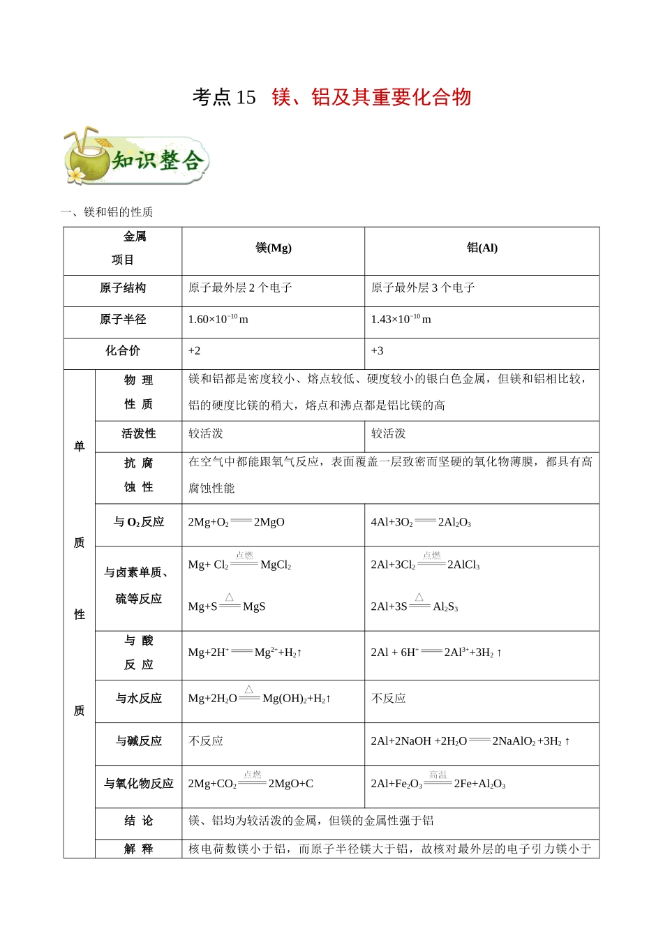 2025年考点一遍过高考化学-考点15镁、铝及其重要化合物.doc_第1页