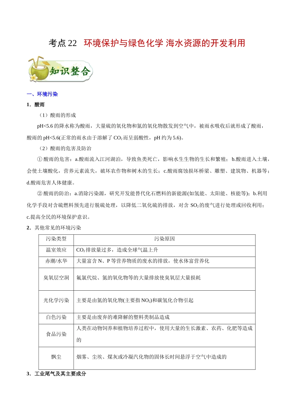 2025年考点一遍过高考化学-考点22环境保护与绿色化学海水资源的开发利用.doc_第1页
