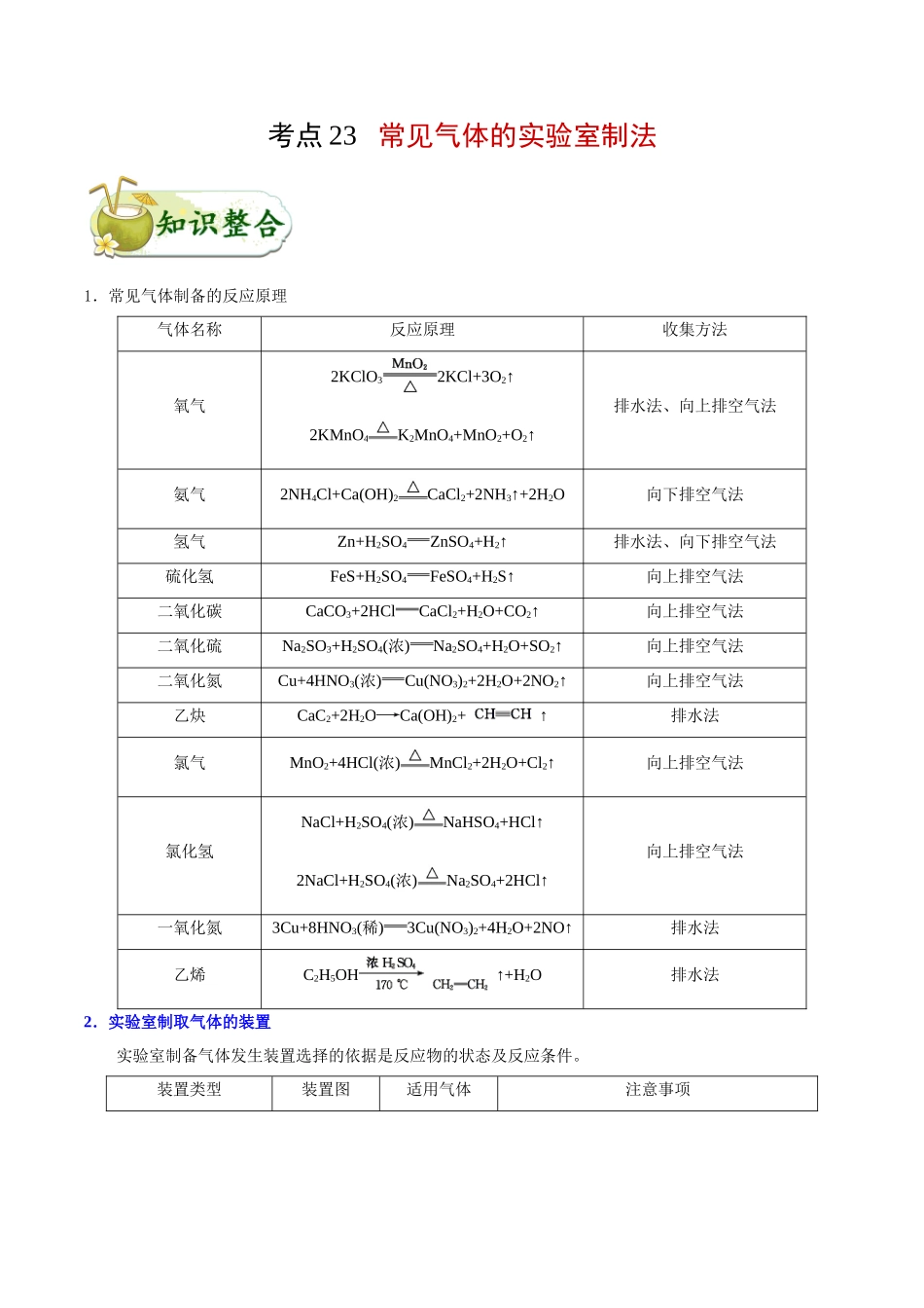 2025年考点一遍过高考化学-考点23常见气体的实验室制法.doc_第1页