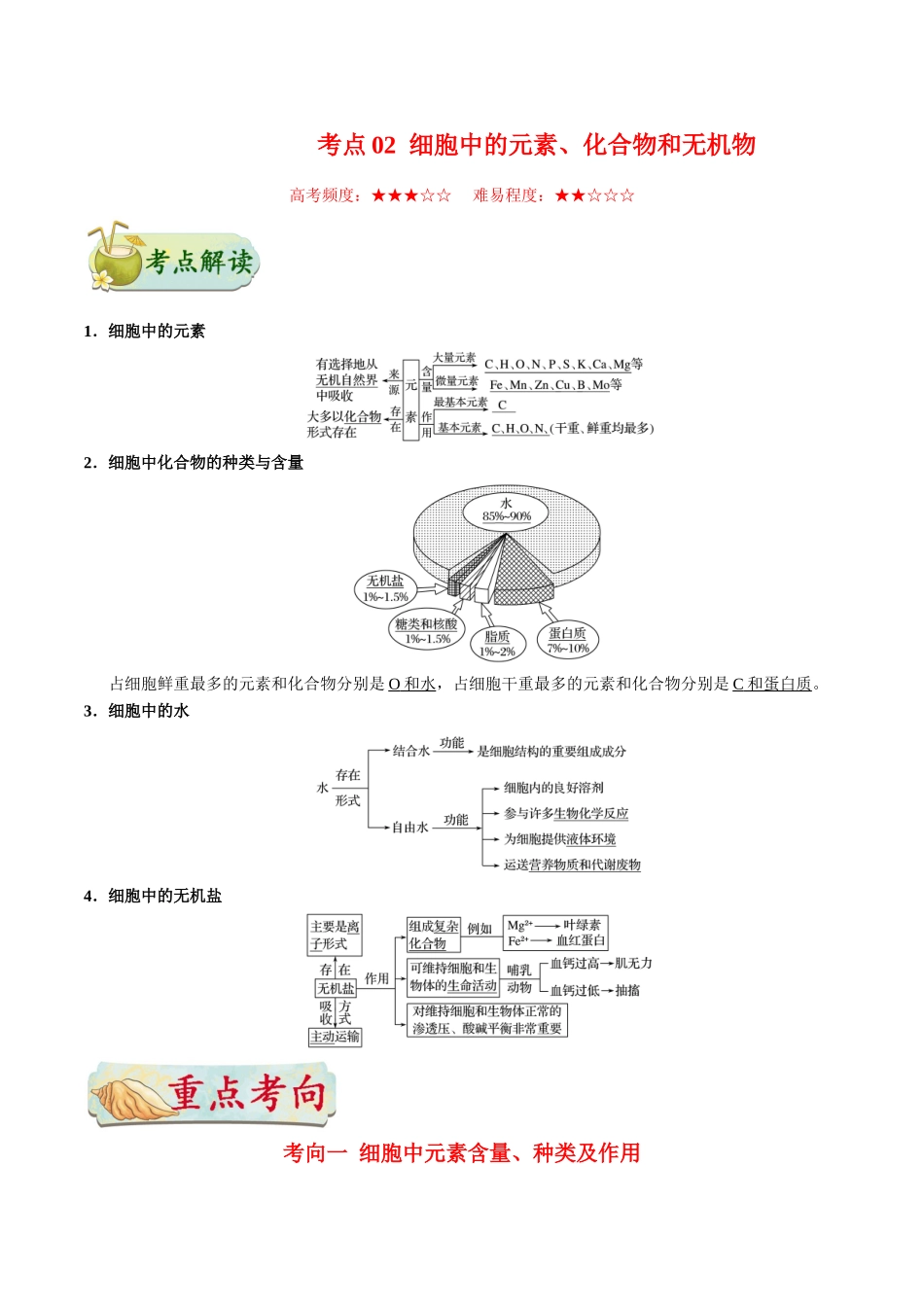 2025年考点一遍过高考生物-考点02细胞中的元素、化合物和无机物.doc_第1页