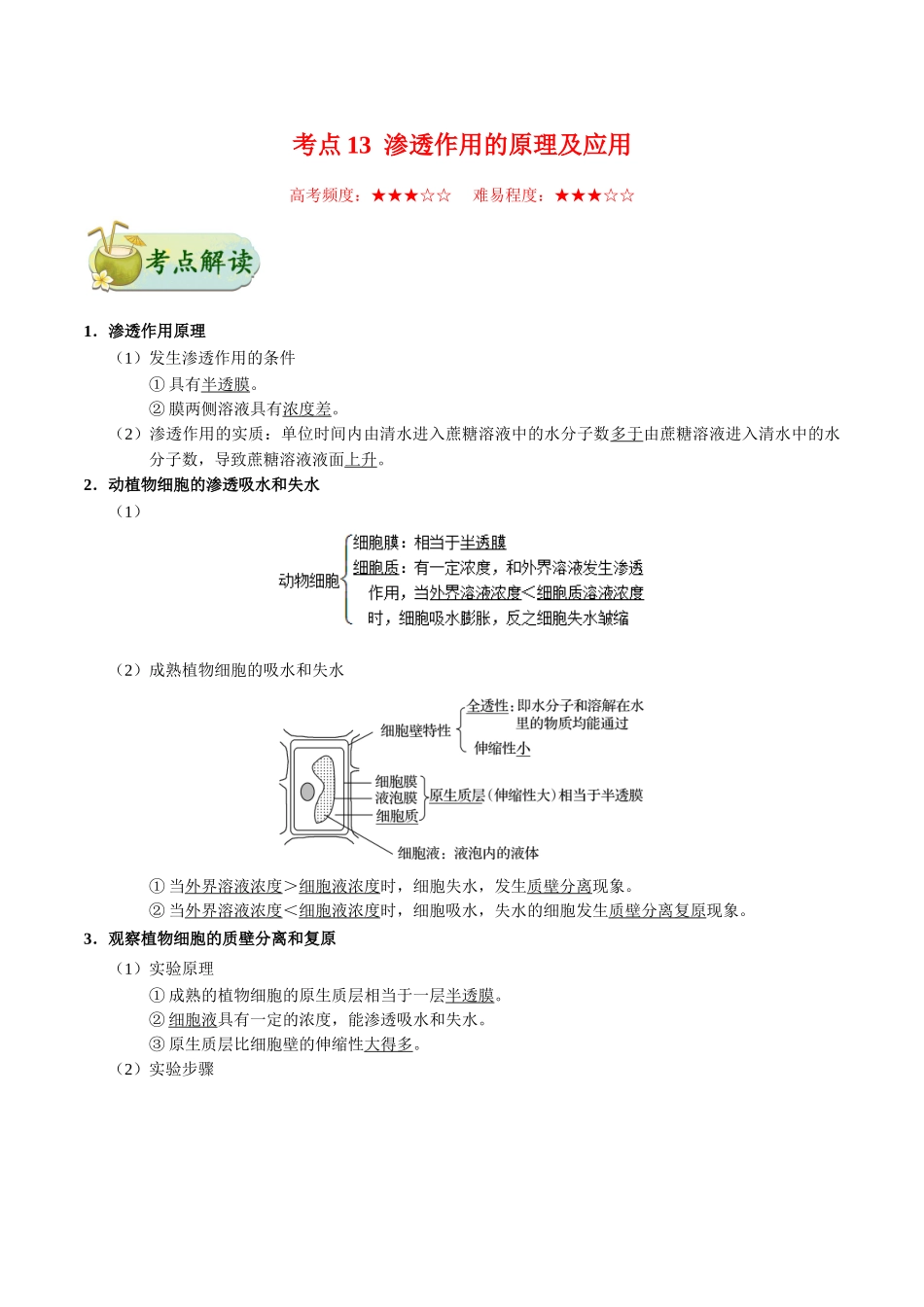 2025年考点一遍过高考生物-考点13渗透作用的原理及应用.doc_第1页