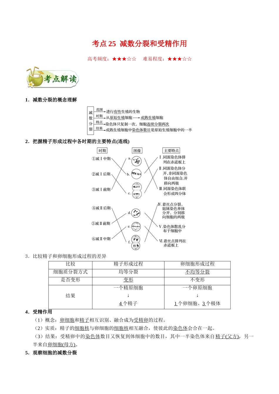2025年考点一遍过高考生物-考点25减数分裂和受精作用.doc_第1页