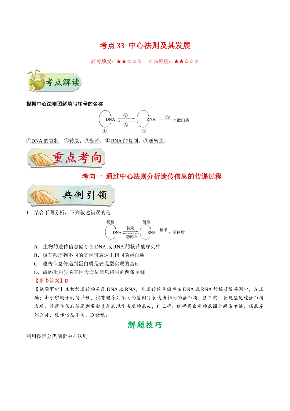 2025年考点一遍过高考生物-考点33中心法则及其发展.doc_第1页