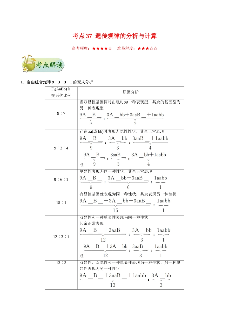 2025年考点一遍过高考生物-考点37遗传规律的分析与计算.doc_第1页
