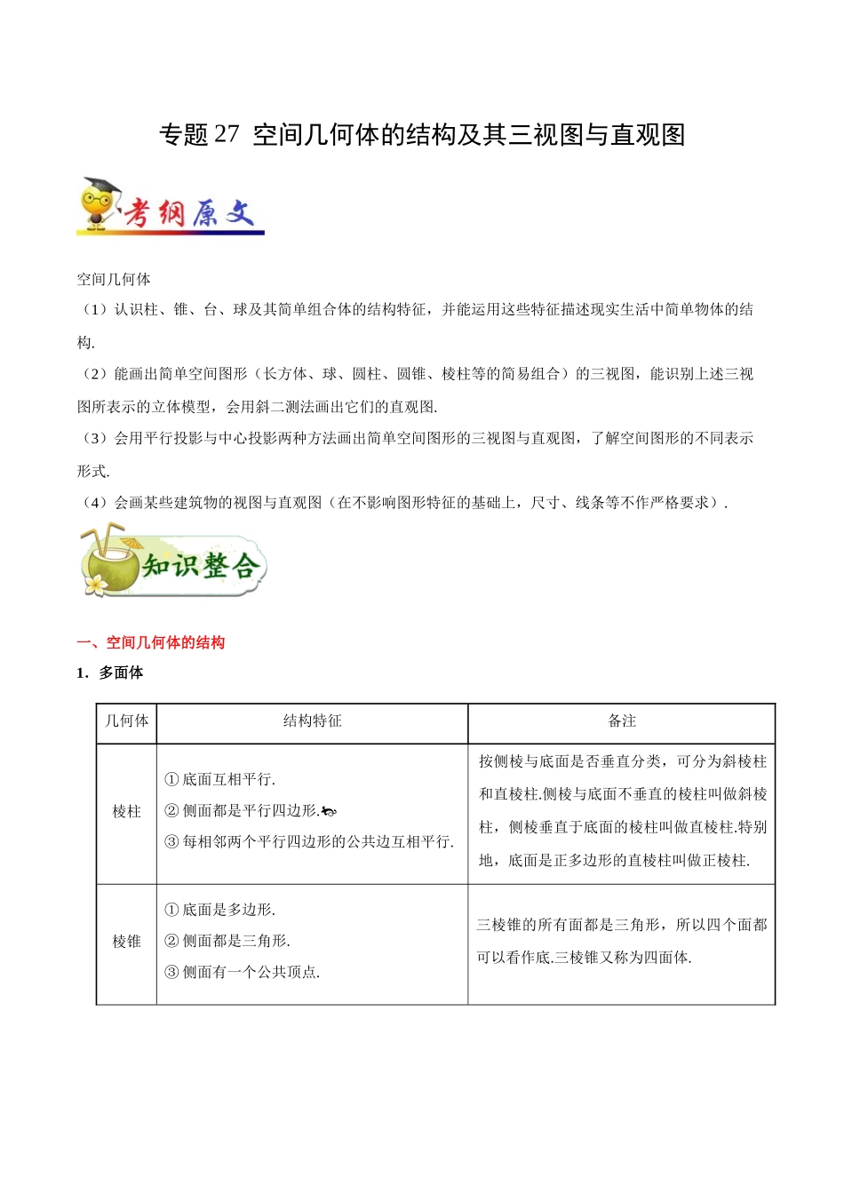 2025年考点一遍过高考文科数学-考点27空间几何体的结构及其三视图与直观图.docx_第1页