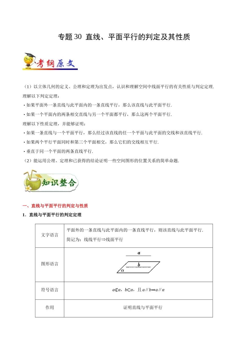 2025年考点一遍过高考文科数学-考点30直线、平面平行的判定及其性质.docx_第1页