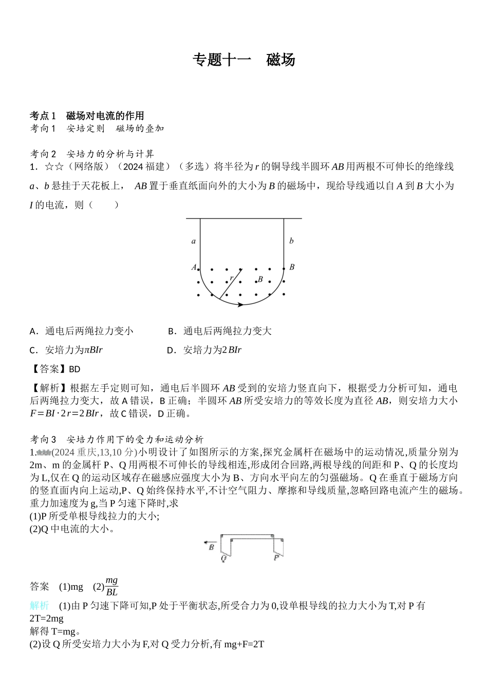 2026版53高考总复习A版物理-十年高考真题分类（2024年）专题十一磁场.docx_第1页