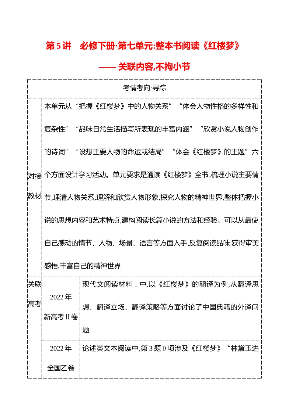 2026版高中全程复习方略语文强基版-专题教材特色单元第5讲必修下册第七单元：整本书阅读《红楼梦》——关联内容,不拘小节.docx_第1页