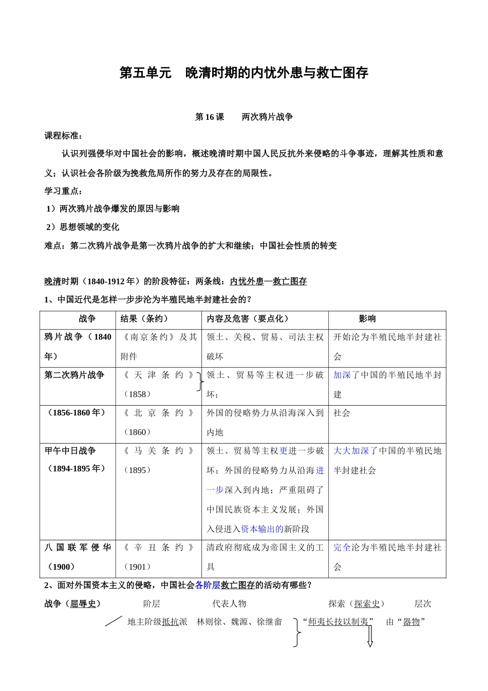 高中历史知识点梳理-第五单元晚清时期的内忧外患与救亡图-存知识梳理（中外历史纲要上）【新教材适用】.docx_第1页