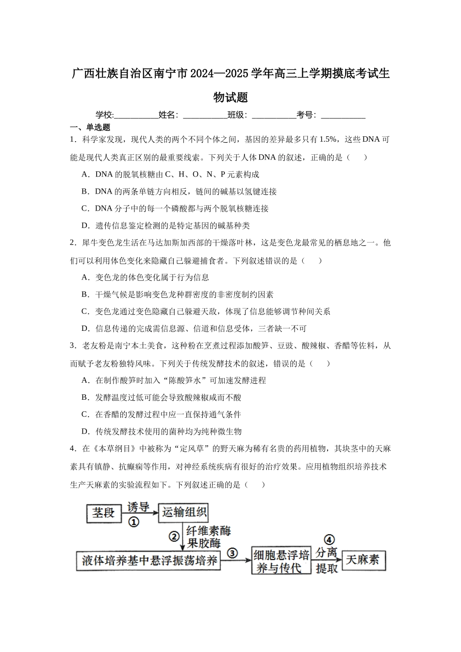 广西壮族自治区南宁市2024—2025学年高三上学期摸底考试生物试题.docx_第1页