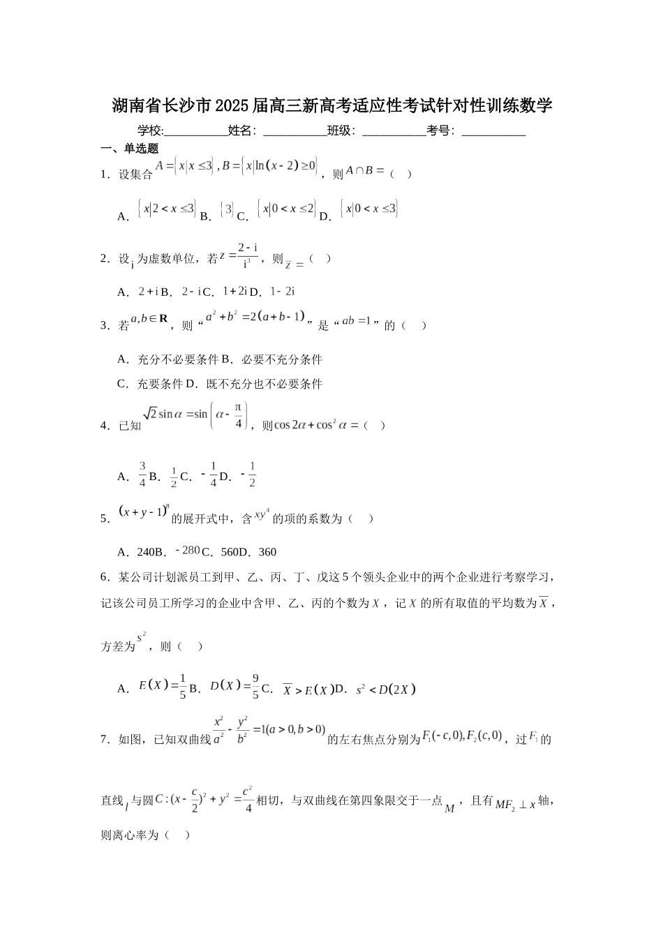 湖南省长沙市2025届高三新高考适应性考试针对性训练数学试题.docx_第1页